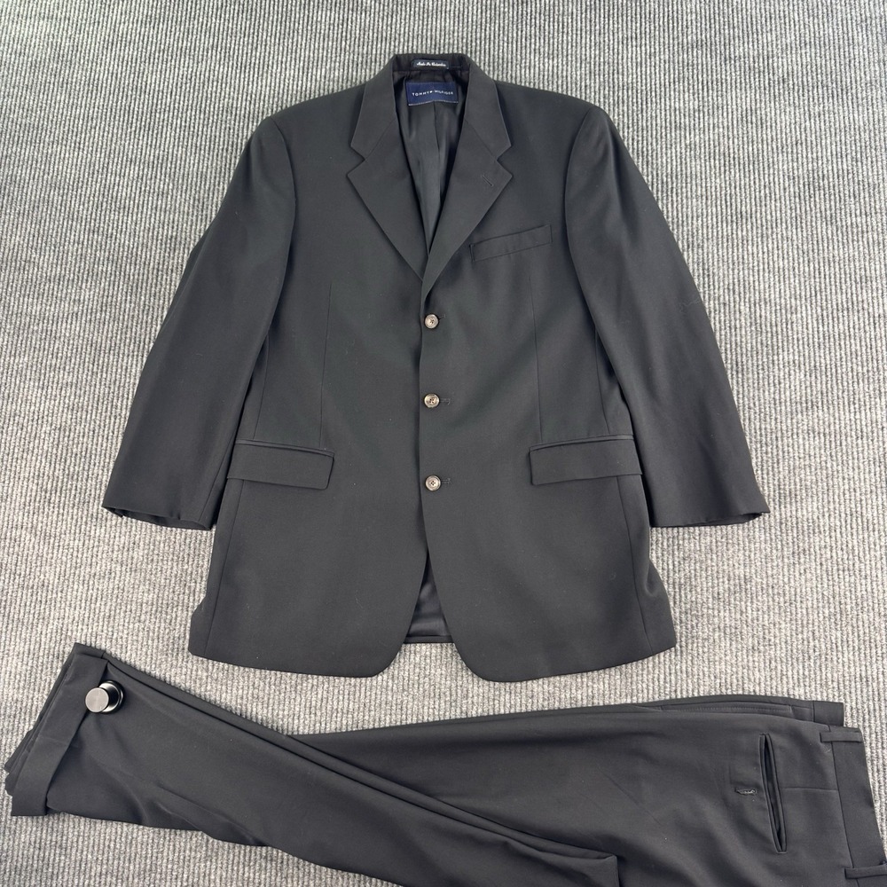 Tommy Hilfiger Suit 43L 37x30 Black Wool Solid 3 Button Pleated Premium Designer